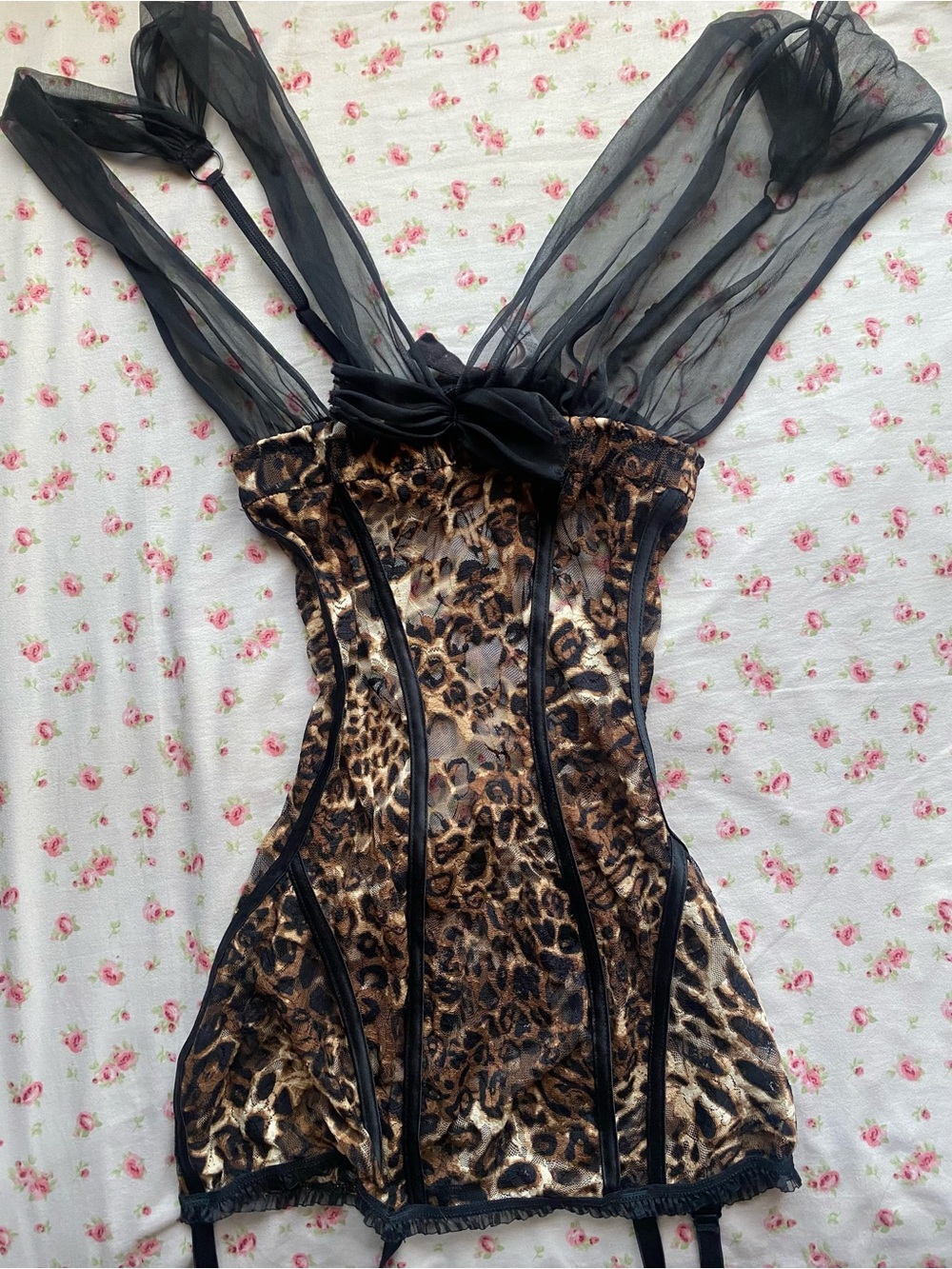 Shirley of Hollywood Leopard-Print Sheer-Trim Chemise in Black & Brown